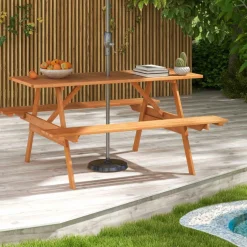 Tangkula Picnic Table with 2 Benches, Outdoor Hardwood Picnic Table Bench Set with 2-Inch Umbrella Hole, Slatted Tabletop & Seat