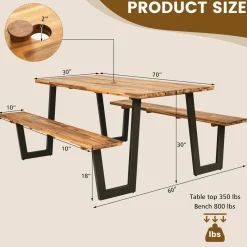 Tangkula Picnic Table with 2 Benches, Outdoor Acacia Wood Picnic Table Bench Set with 2-Inch Umbrella Hole