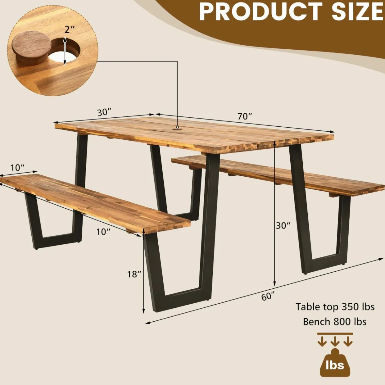 Tangkula Picnic Table with 2 Benches, Outdoor Acacia Wood Picnic Table Bench Set with 2-Inch Umbrella Hole