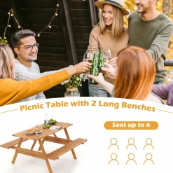 Tangkula Picnic Table with 2 Benches, Outdoor Hardwood Picnic Table Bench Set with 2-Inch Umbrella Hole, Slatted Tabletop & Seat