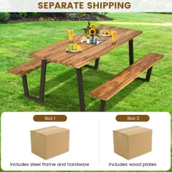 Tangkula Picnic Table with 2 Benches, Outdoor Acacia Wood Picnic Table Bench Set with 2-Inch Umbrella Hole