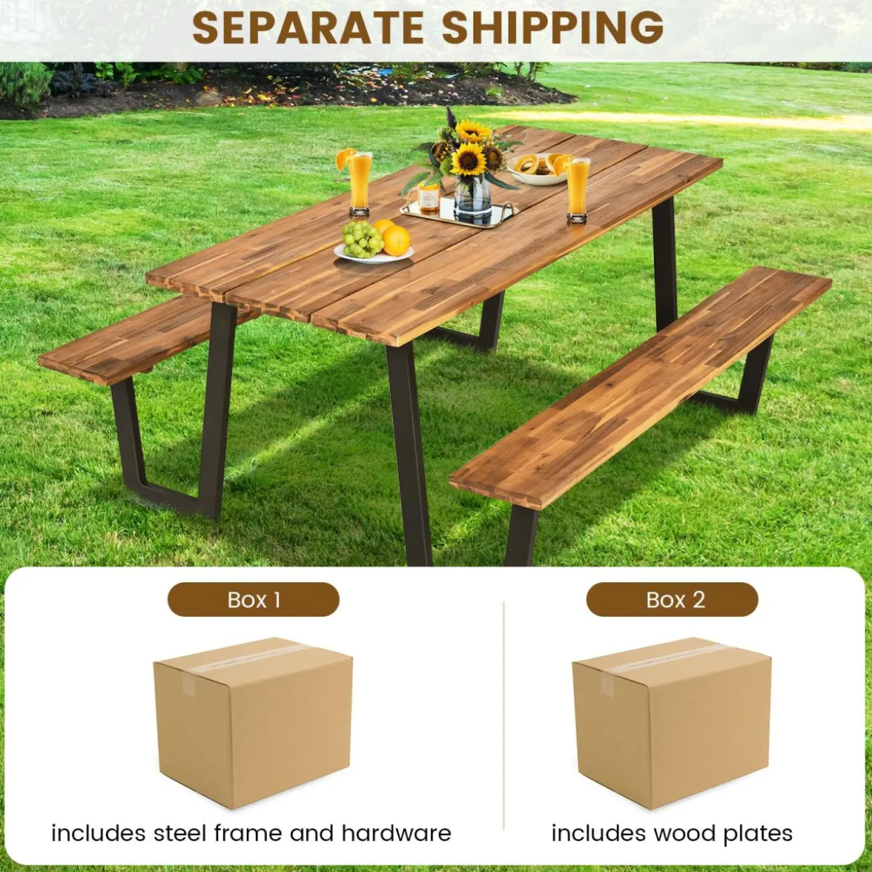 Tangkula Picnic Table with 2 Benches, Outdoor Acacia Wood Picnic Table Bench Set with 2-Inch Umbrella Hole