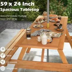 Tangkula Picnic Table with 2 Benches, Outdoor Hardwood Picnic Table Bench Set with 2-Inch Umbrella Hole, Slatted Tabletop & Seat