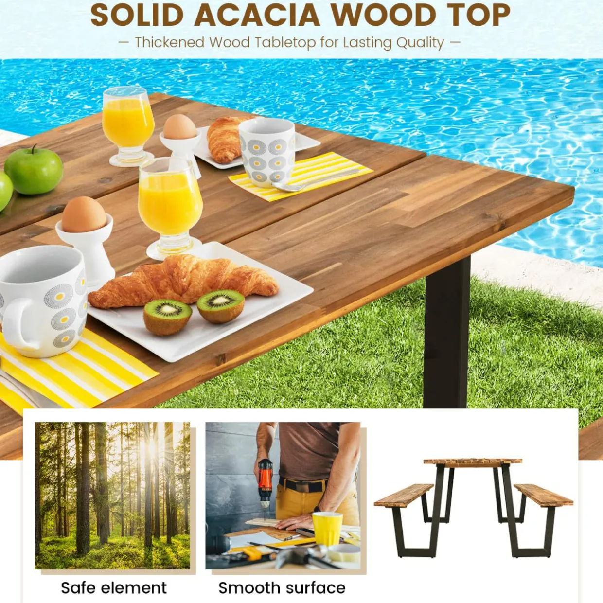 Tangkula Picnic Table with 2 Benches, Outdoor Acacia Wood Picnic Table Bench Set with 2-Inch Umbrella Hole