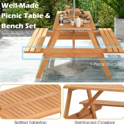 Tangkula Picnic Table with 2 Benches, Outdoor Hardwood Picnic Table Bench Set with 2-Inch Umbrella Hole, Slatted Tabletop & Seat