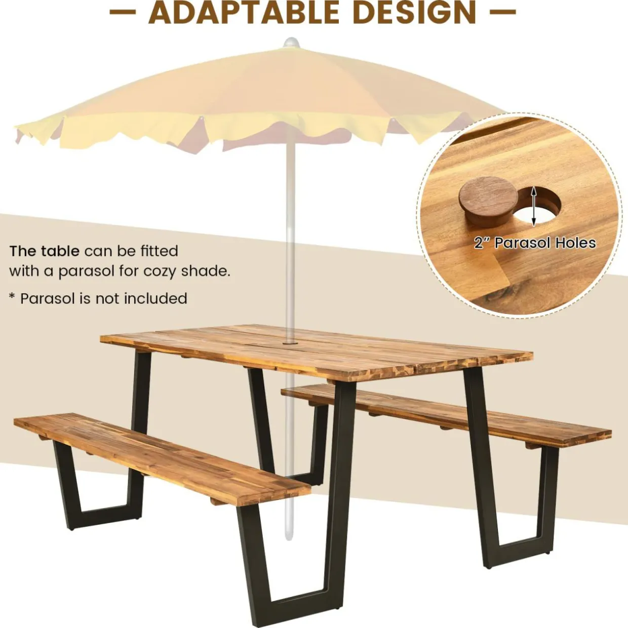 Tangkula Picnic Table with 2 Benches, Outdoor Acacia Wood Picnic Table Bench Set with 2-Inch Umbrella Hole