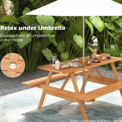 Tangkula Picnic Table with 2 Benches, Outdoor Hardwood Picnic Table Bench Set with 2-Inch Umbrella Hole, Slatted Tabletop & Seat