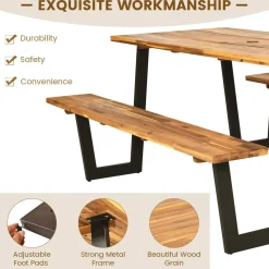 Tangkula Picnic Table with 2 Benches, Outdoor Acacia Wood Picnic Table Bench Set with 2-Inch Umbrella Hole