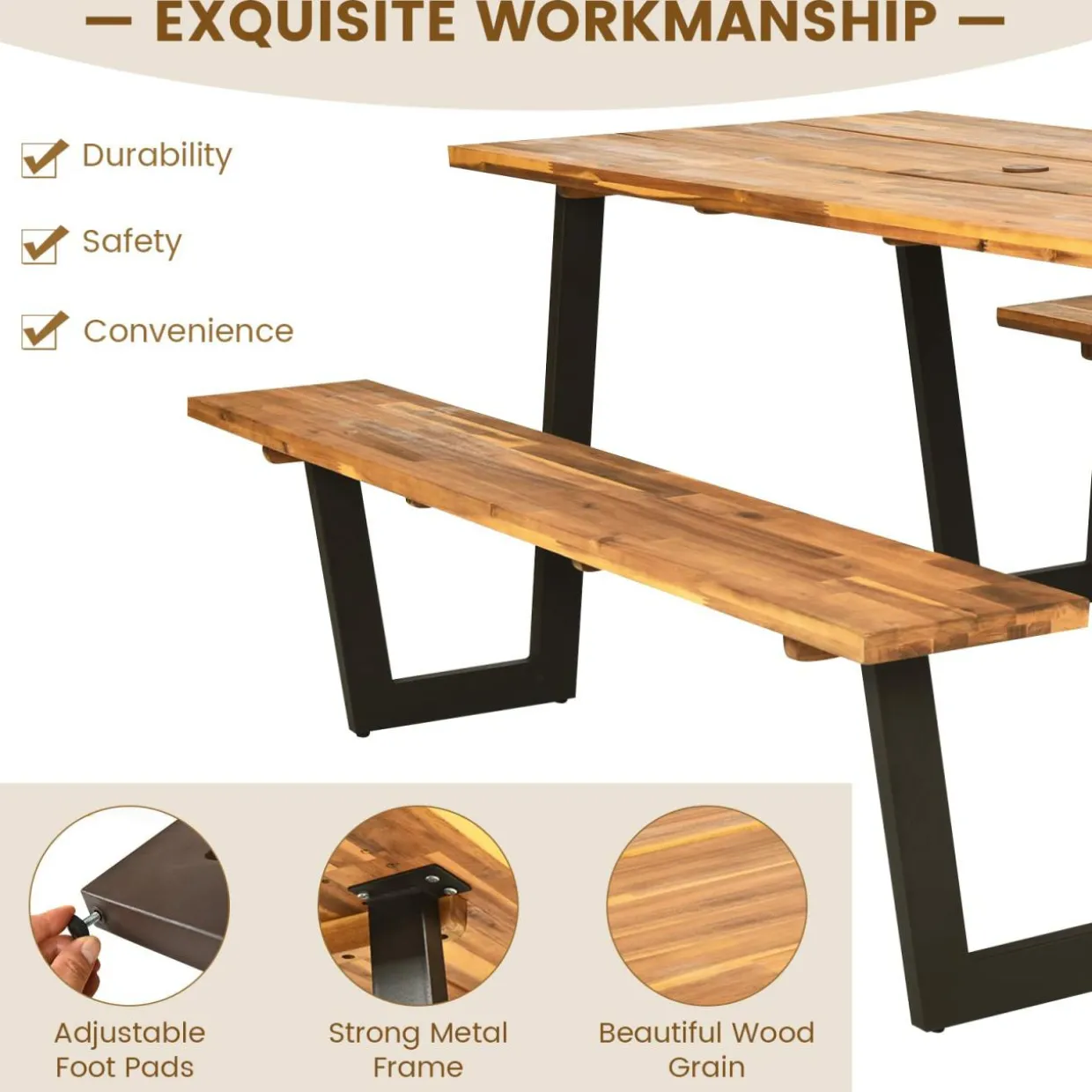Tangkula Picnic Table with 2 Benches, Outdoor Acacia Wood Picnic Table Bench Set with 2-Inch Umbrella Hole