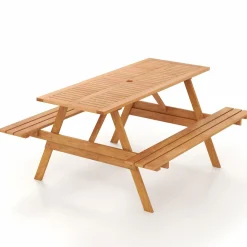 Tangkula Picnic Table with 2 Benches, Outdoor Hardwood Picnic Table Bench Set with 2-Inch Umbrella Hole, Slatted Tabletop & Seat
