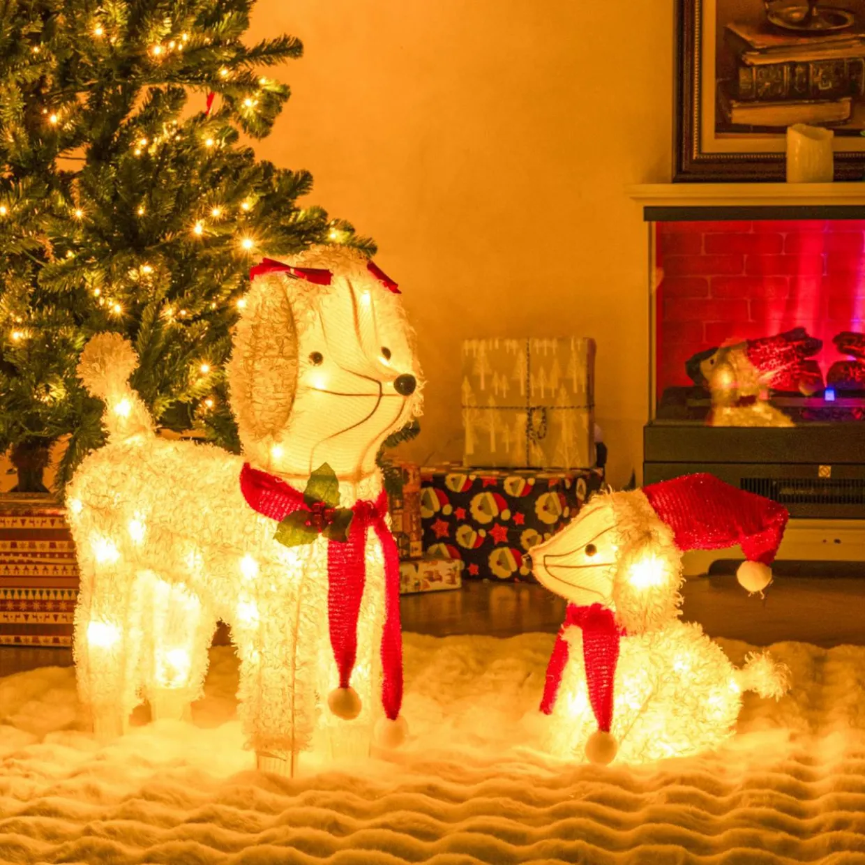 Tangkula 2-Piece Christmas Lighted Dogs, 3D Xmas Light-up Cute Poodle with 60 LED Lights, Red Scarves