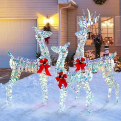 Tangkula 3-Piece Christmas Lighted Iridescent Reindeer Family Set, Xmas Pre-Lit Deer with 230 LED Lights