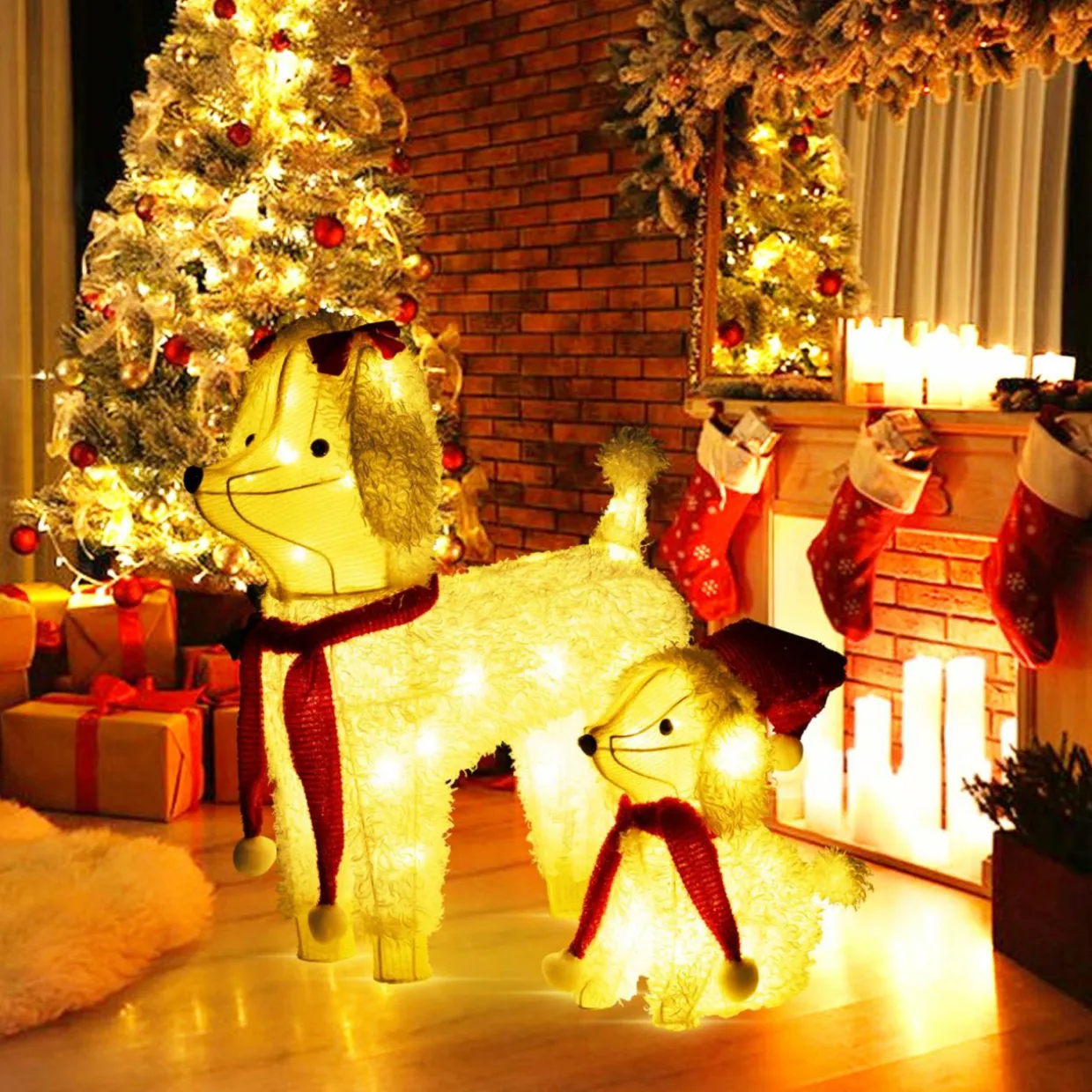 Tangkula 2-Piece Christmas Lighted Dogs, 3D Xmas Light-up Cute Poodle with 60 LED Lights, Red Scarves