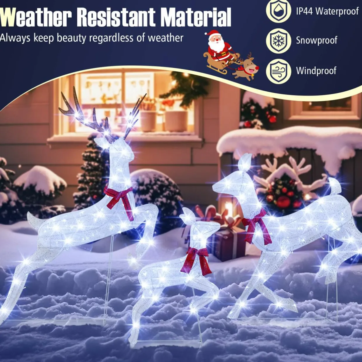 Tangkula 3-Piece Christmas Lighted Reindeer Family Set, Xmas Pre-Lit Reindeer with 255 Cold White LED Lights