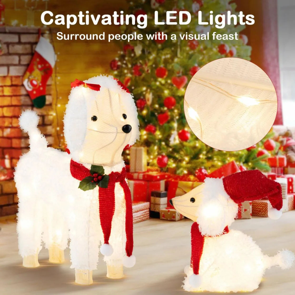 Tangkula 2-Piece Christmas Lighted Dogs, 3D Xmas Light-up Cute Poodle with 60 LED Lights, Red Scarves