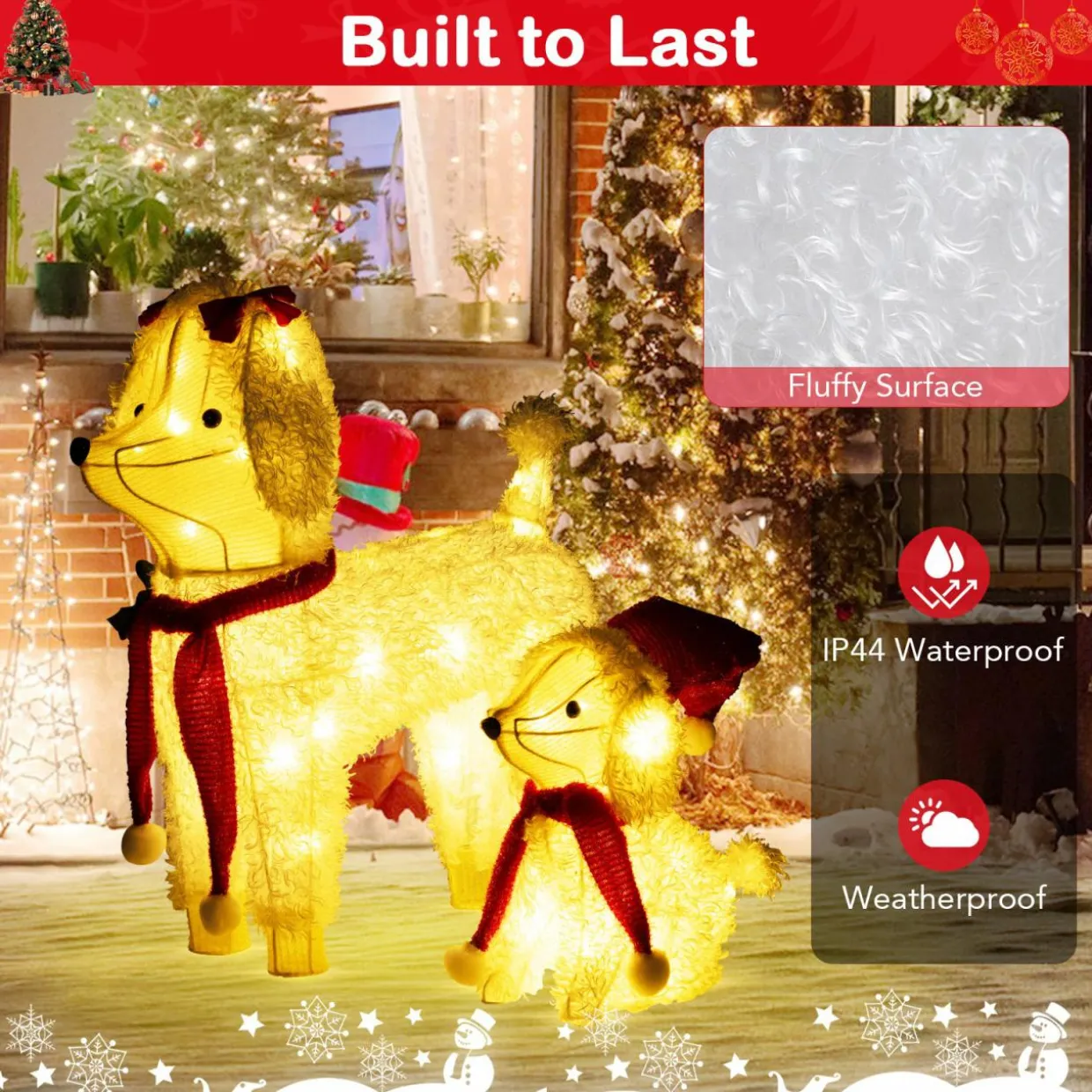 Tangkula 2-Piece Christmas Lighted Dogs, 3D Xmas Light-up Cute Poodle with 60 LED Lights, Red Scarves