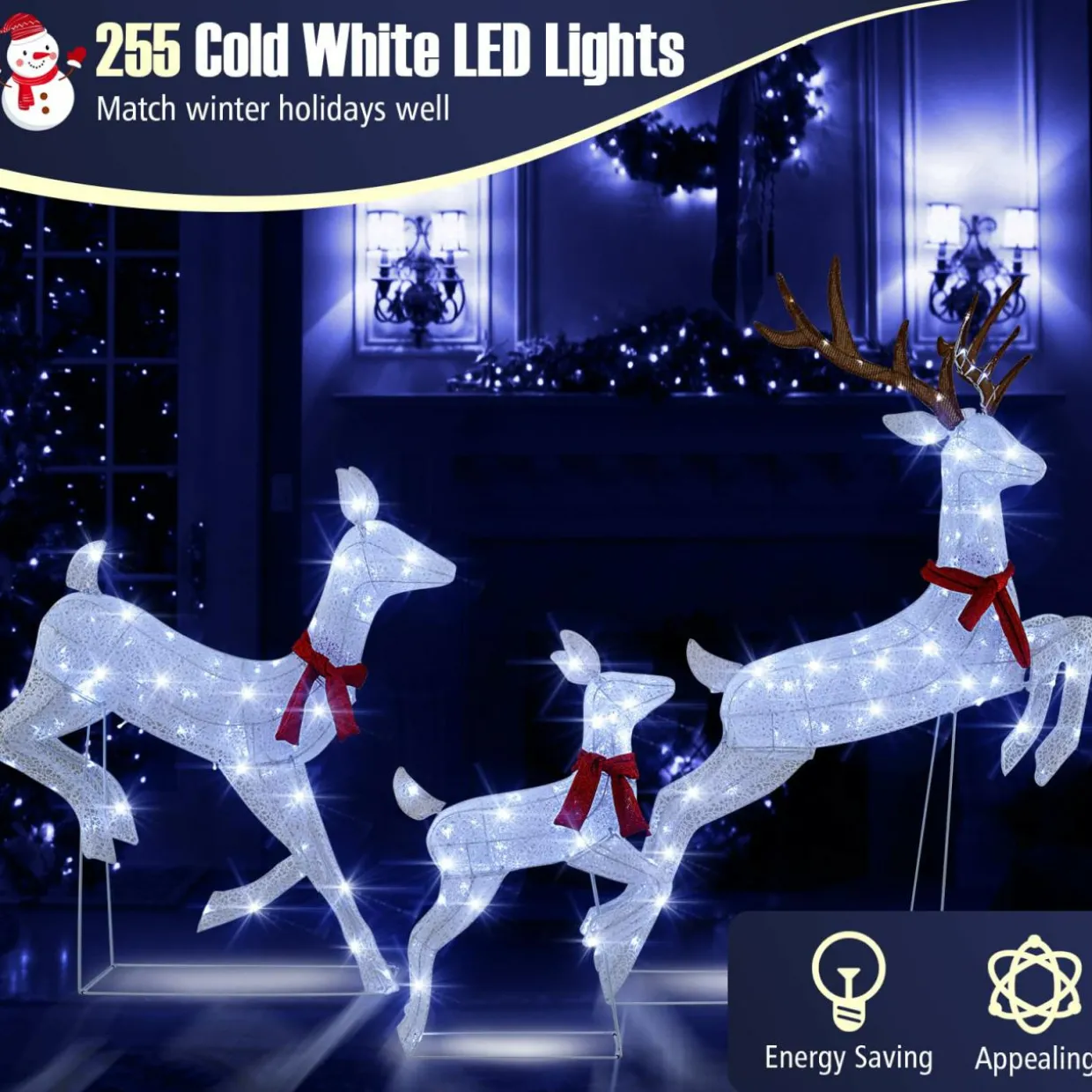 Tangkula 3-Piece Christmas Lighted Reindeer Family Set, Xmas Pre-Lit Reindeer with 255 Cold White LED Lights