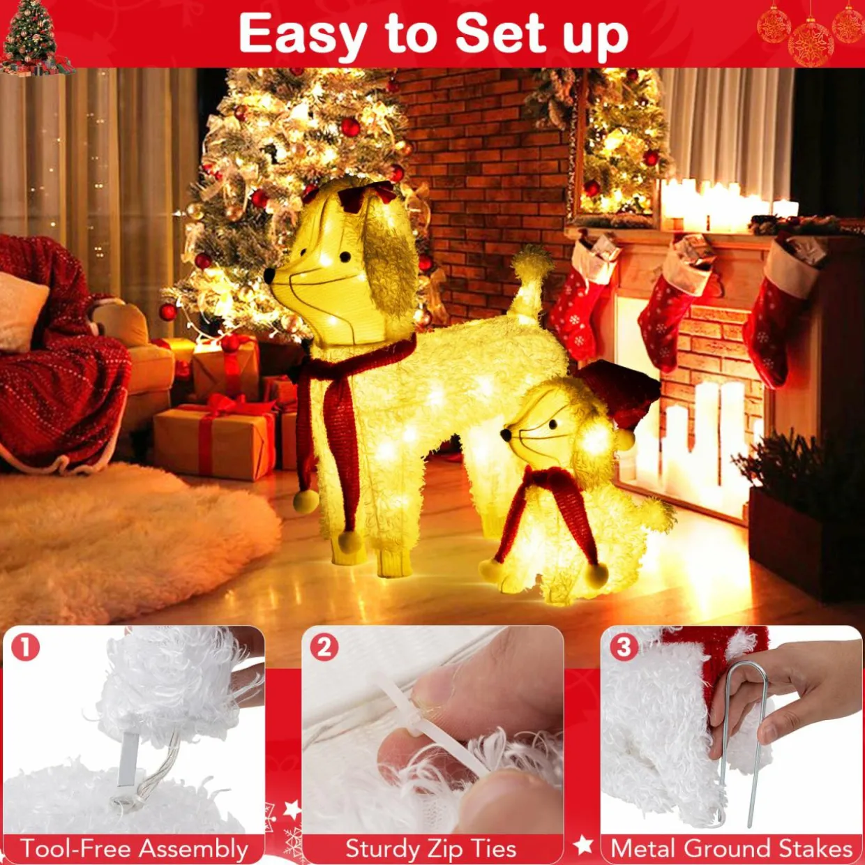 Tangkula 2-Piece Christmas Lighted Dogs, 3D Xmas Light-up Cute Poodle with 60 LED Lights, Red Scarves
