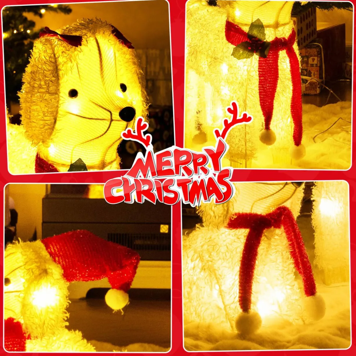 Tangkula 2-Piece Christmas Lighted Dogs, 3D Xmas Light-up Cute Poodle with 60 LED Lights, Red Scarves