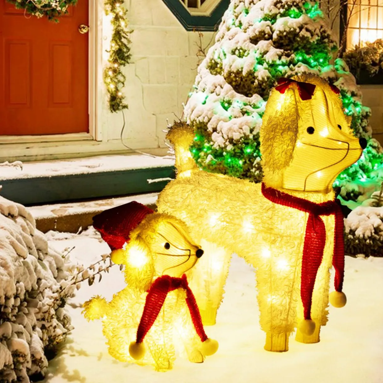 Tangkula 2-Piece Christmas Lighted Dogs, 3D Xmas Light-up Cute Poodle with 60 LED Lights, Red Scarves