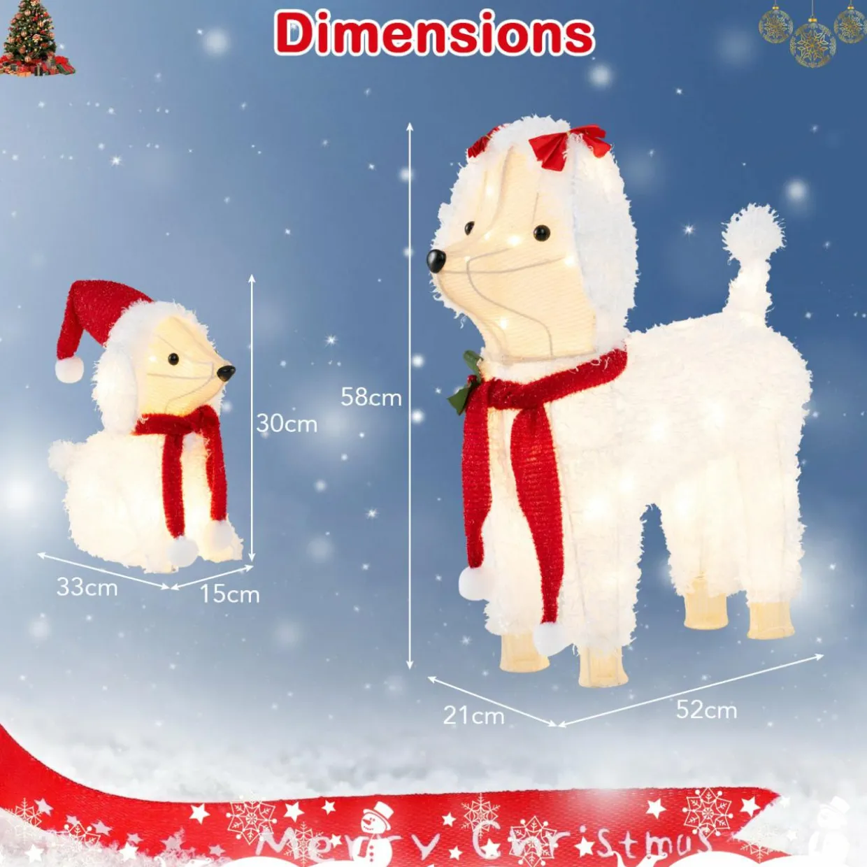Tangkula 2-Piece Christmas Lighted Dogs, 3D Xmas Light-up Cute Poodle with 60 LED Lights, Red Scarves