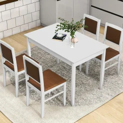 Tangkula 5-Piece Dining Table Set for 4, Farmhouse Solid Wood Dinette Set w/Rubber Wood Legs