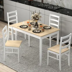 Tangkula 5-Piece Dining Table Set for 4, Farmhouse Solid Wood Dinette Set w/Rubber Wood Legs