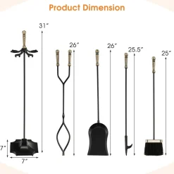 Tangkula 5-Piece Fireplace Tool Set, Heavy Duty Fire Wood Tool Set with Tong, Brush, Shovel, Poker, Stand