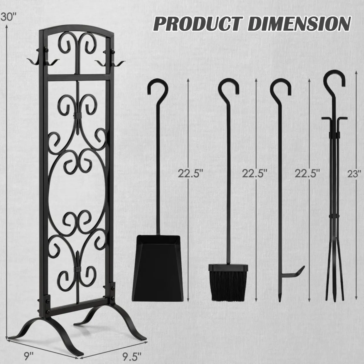 Tangkula 5-Piece Fireplace Tool Set, Heavy Duty Fire Wood Tool Set with Tong, Brush