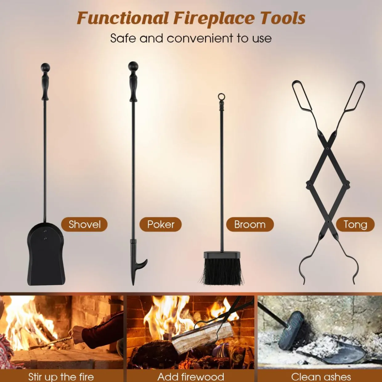 Tangkula 5-Piece Fireplace Tool Set, Heavy Duty Fire Wood Tool Set with Tong, Brush, Shovel, Poker, Stand