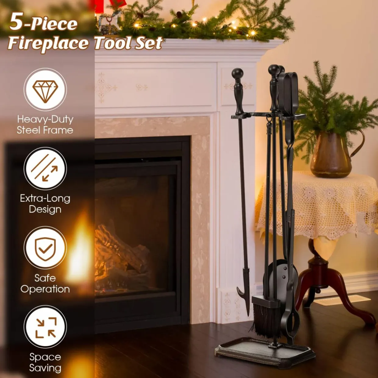 Tangkula 5-Piece Fireplace Tool Set, Heavy Duty Fire Wood Tool Set with Tong, Brush, Shovel, Poker, Stand