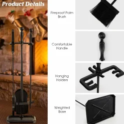 Tangkula 5-Piece Fireplace Tool Set, Heavy Duty Fire Wood Tool Set with Tong, Brush, Shovel, Poker, Stand