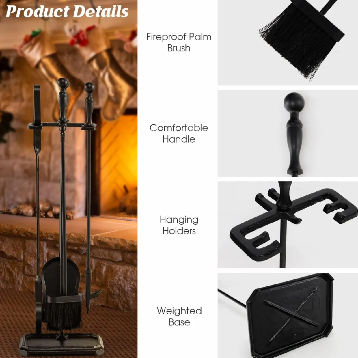 Tangkula 5-Piece Fireplace Tool Set, Heavy Duty Fire Wood Tool Set with Tong, Brush, Shovel, Poker, Stand