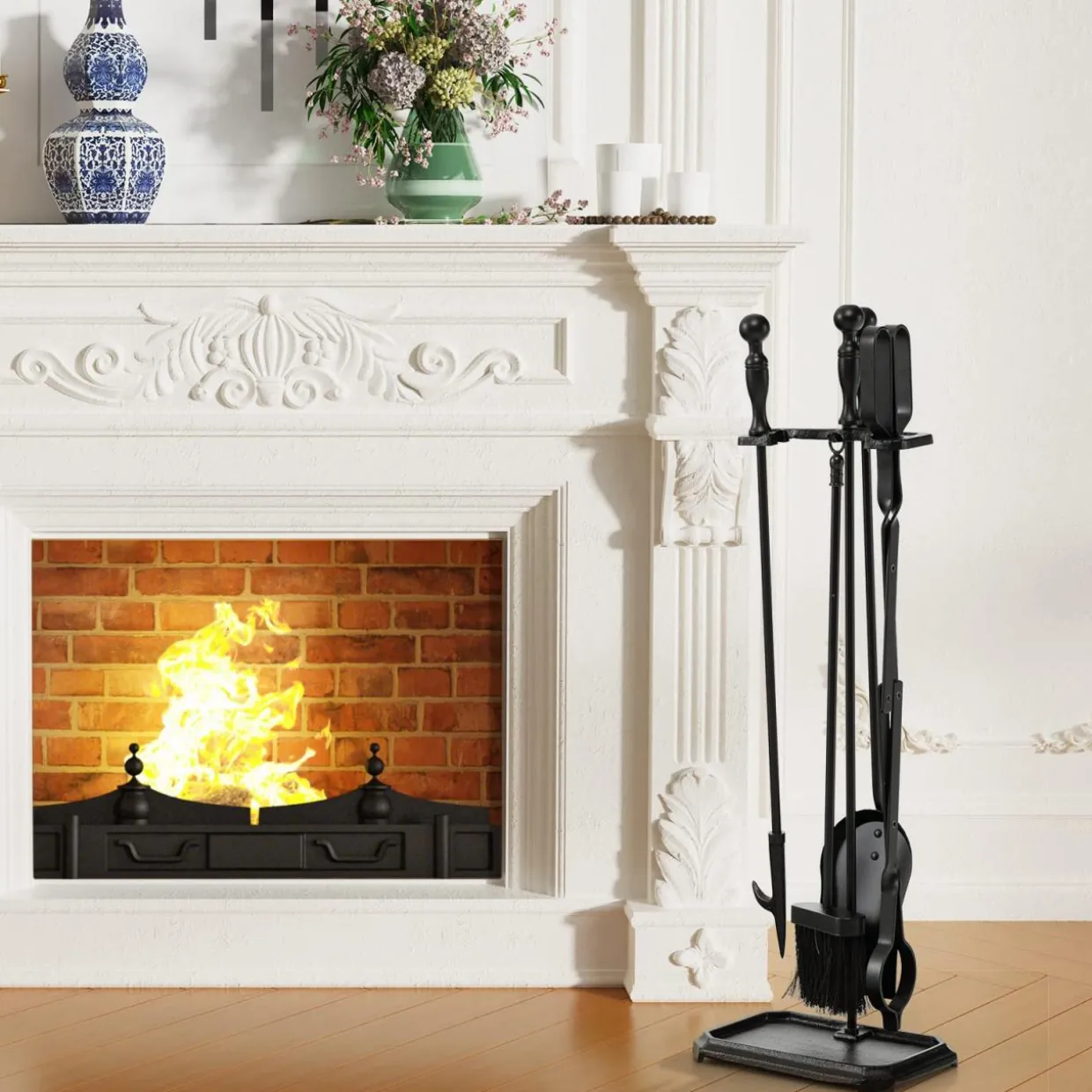 Tangkula 5-Piece Fireplace Tool Set, Heavy Duty Fire Wood Tool Set with Tong, Brush, Shovel, Poker, Stand