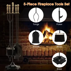 Tangkula 5-Piece Fireplace Tool Set, Heavy Duty Fire Wood Tool Set with Tong, Brush, Shovel, Poker, Stand