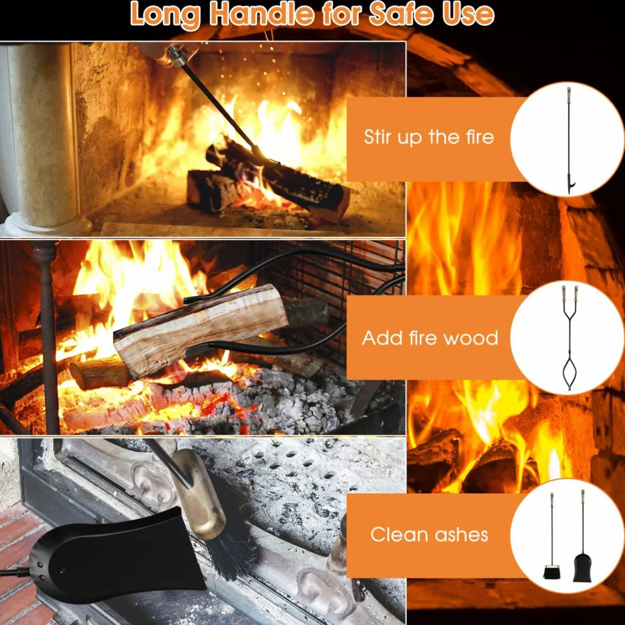 Tangkula 5-Piece Fireplace Tool Set, Heavy Duty Fire Wood Tool Set with Tong, Brush, Shovel, Poker, Stand