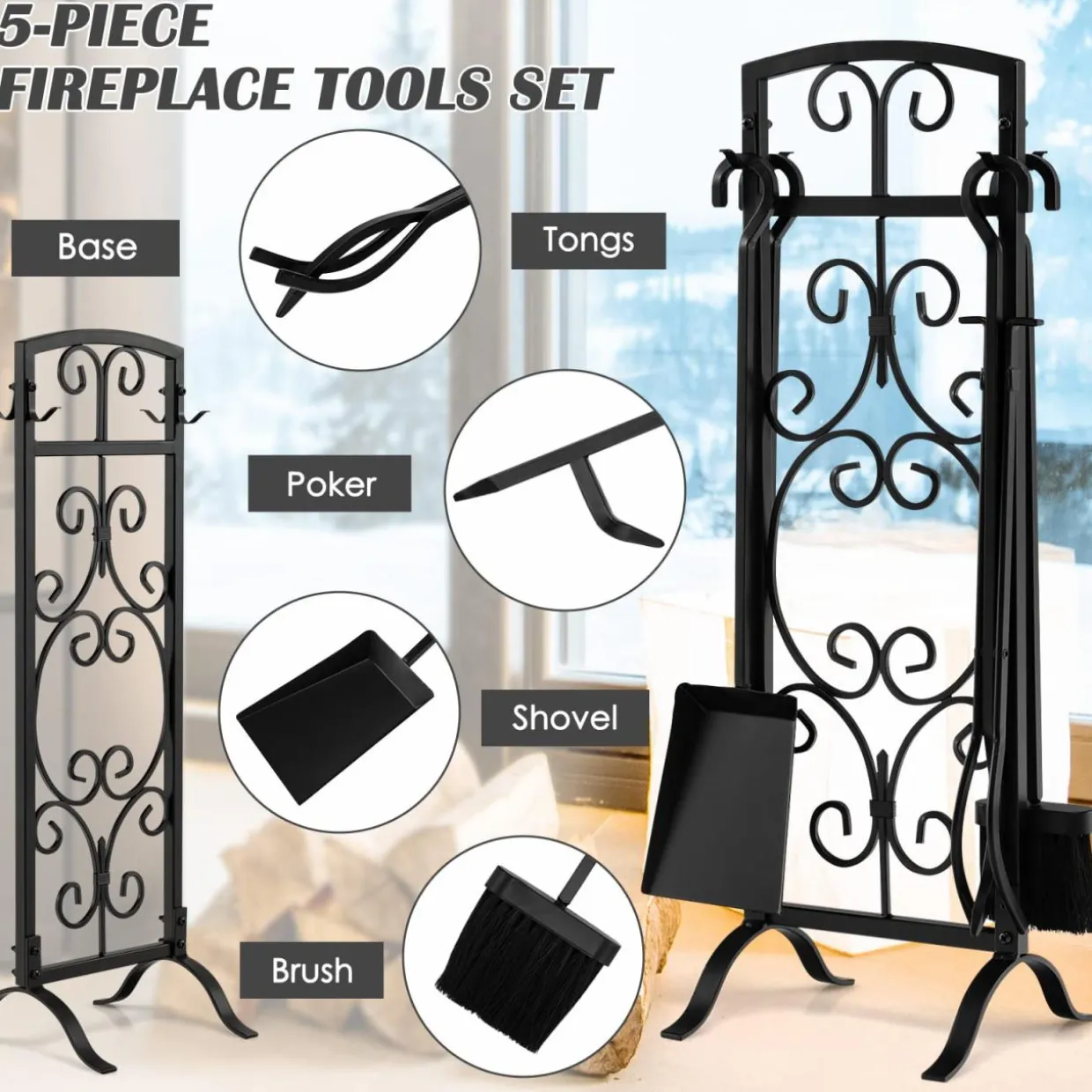 Tangkula 5-Piece Fireplace Tool Set, Heavy Duty Fire Wood Tool Set with Tong, Brush