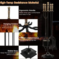 Tangkula 5-Piece Fireplace Tool Set, Heavy Duty Fire Wood Tool Set with Tong, Brush, Shovel, Poker, Stand