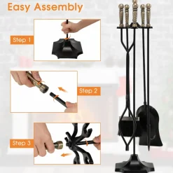 Tangkula 5-Piece Fireplace Tool Set, Heavy Duty Fire Wood Tool Set with Tong, Brush, Shovel, Poker, Stand