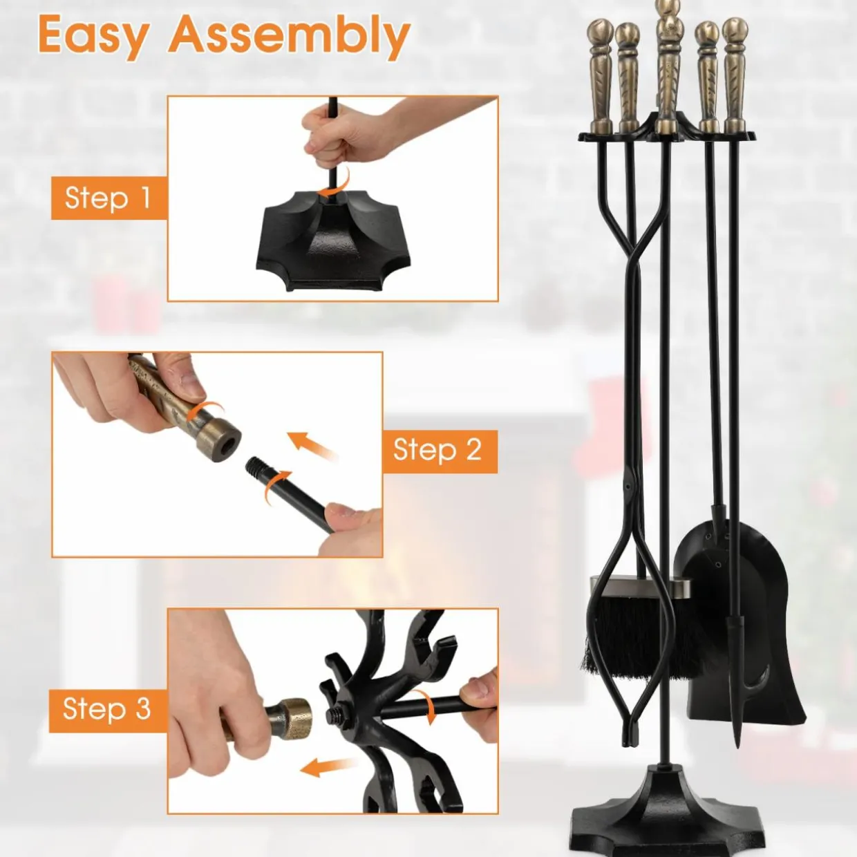 Tangkula 5-Piece Fireplace Tool Set, Heavy Duty Fire Wood Tool Set with Tong, Brush, Shovel, Poker, Stand