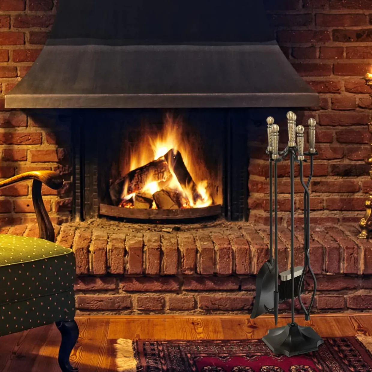 Tangkula 5-Piece Fireplace Tool Set, Heavy Duty Fire Wood Tool Set with Tong, Brush, Shovel, Poker, Stand