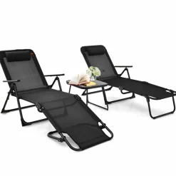 Tangkula 3-Piece Folding Outdoor Chaise Lounge Chair Set, 2 Recliner Chairs & 1 Patio Bistro Table