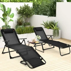 Tangkula 3-Piece Folding Outdoor Chaise Lounge Chair Set, 2 Recliner Chairs & 1 Patio Bistro Table
