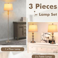 Tangkula 3-Piece Lamp Set, Floor Lamp and Table Lamp Combo Set with Metal Base and Fabric Shades