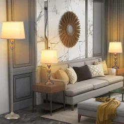 Tangkula 3-Piece Lamp Set, Floor Lamp and Table Lamp Combo Set with Metal Base and Fabric Shades