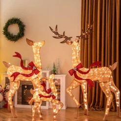 Tangkula 3-Piece Lighted Christmas Reindeer Family Set, Xmas Lighted Deer Decorations with 440 Warm White LED Lights & Stakes