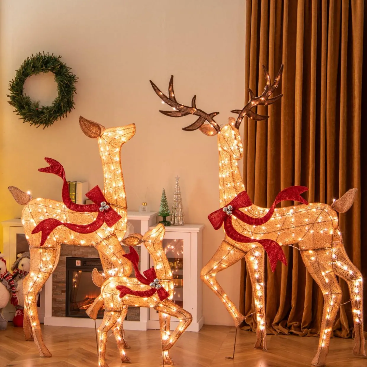 Tangkula 3-Piece Lighted Christmas Reindeer Family Set, Xmas Lighted Deer Decorations with 440 Warm White LED Lights & Stakes