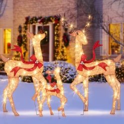 Tangkula 3-Piece Lighted Christmas Reindeer Family Set, Xmas Lighted Deer Decorations with 440 Warm White LED Lights & Stakes