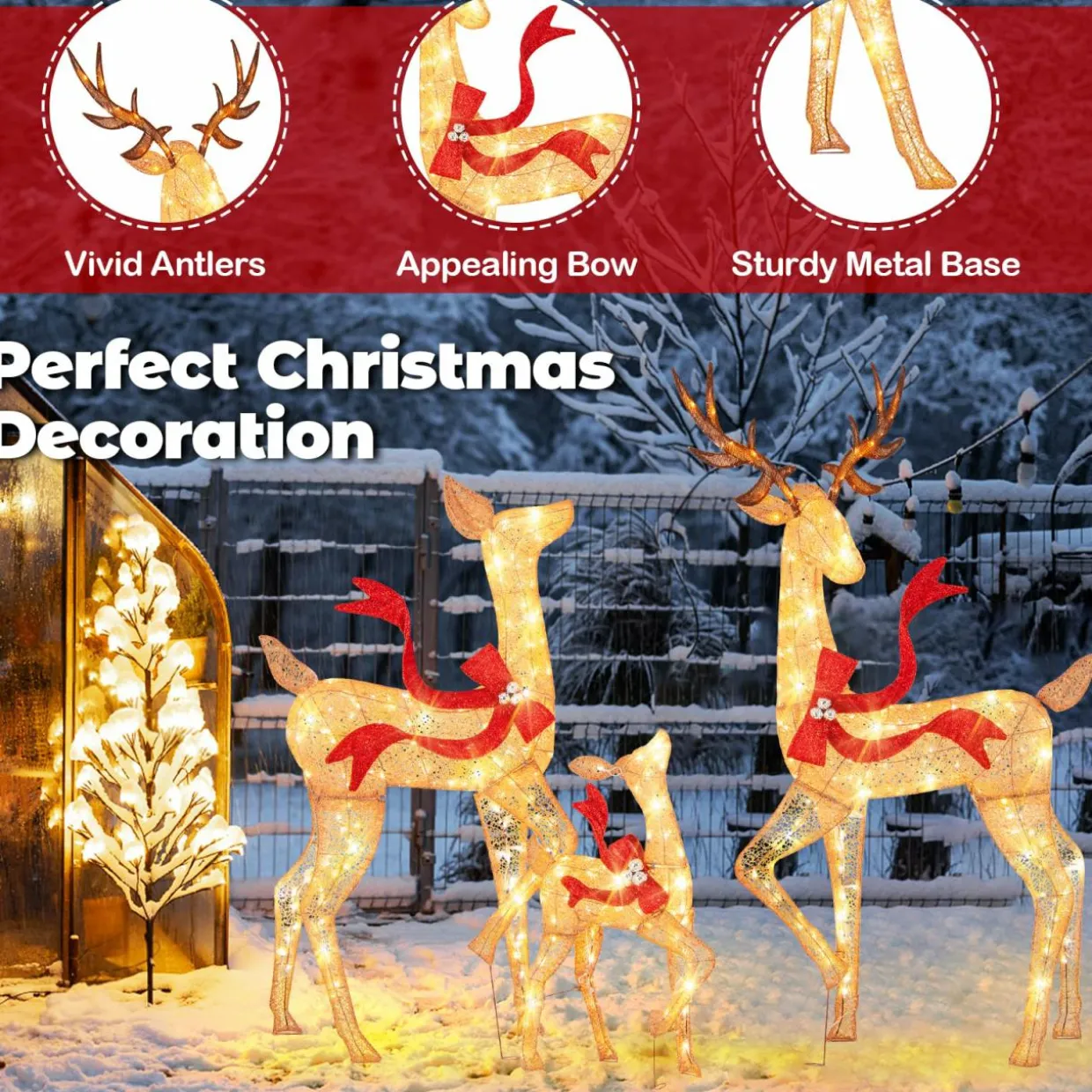 Tangkula 3-Piece Lighted Christmas Reindeer Family Set, Xmas Lighted Deer Decorations with 440 Warm White LED Lights & Stakes