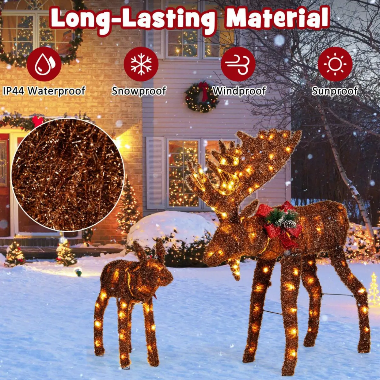 Tangkula 2-Piece Lighted Christmas Moose Family Set, Light-Up Reindeers with 170 Warm White LED Lights